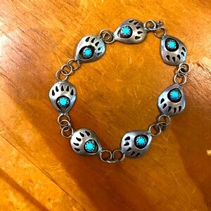 Bear paw silver and turquoise vintage Navajo bracelet.